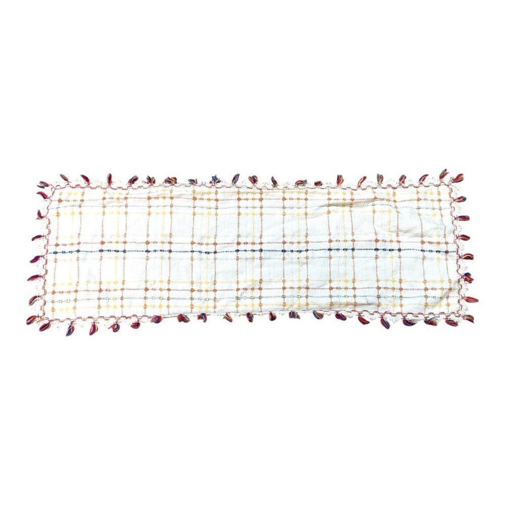 Handwoven Table Runner Linen Plaid Centerpiece Fringe Edges 11x35" Vintage White